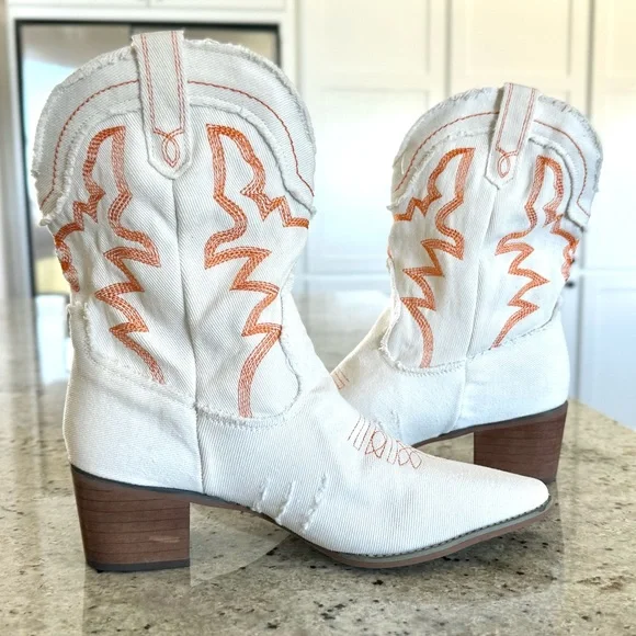 White Denim Western Heeled Boots with Orange Embroidery - Picture 7 of 12